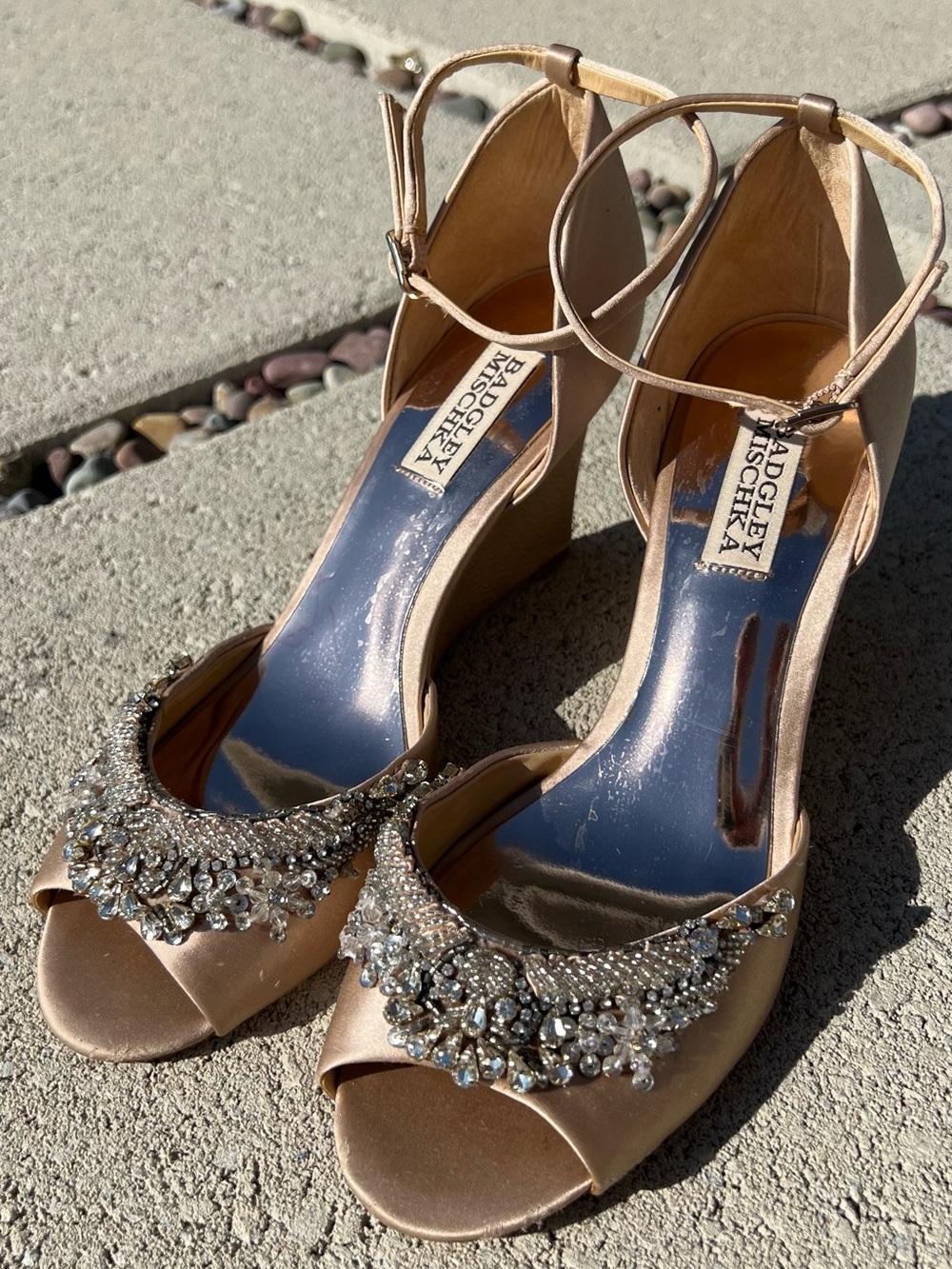 Badgley Mischka Champagne Beaded Open-Toe Wedge Sandals